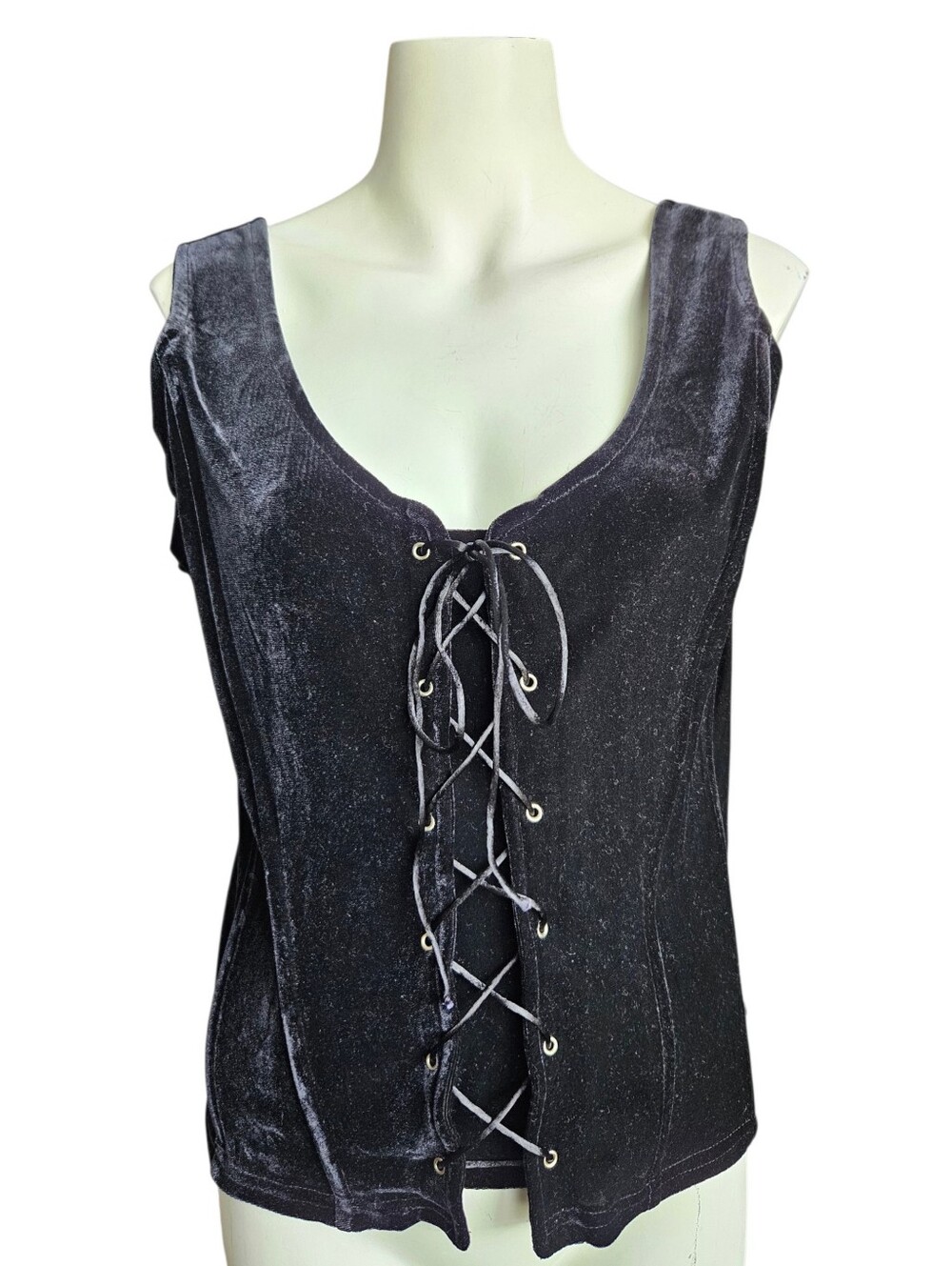 Vintage 90s Black Velvet Lace Up Corset XL Gothic Bustier Dark Romantic Grunge